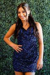 Misshow Sparkly Navy Sequined Backless Tight Short Homecoming Dress/Mini Dress