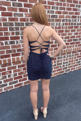 Misshow Sparkly Navy Sequined Lace-Up Back Tight Short Homecoming Dress/Mini Dress