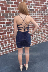 Misshow Sparkly Navy Sequined Lace-Up Back Tight Short Homecoming Dress/Mini Dress