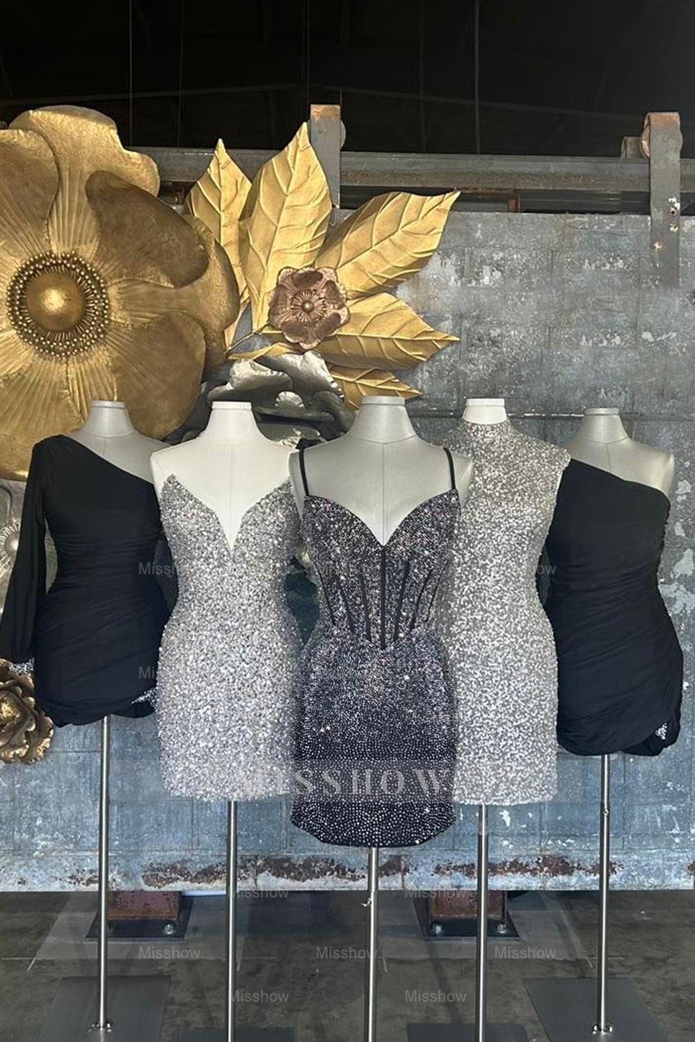 Misshow Sparkly Navy Spaghetti Straps Corset Tight Short Homecoming Dress/Mini Dress with Beadings