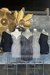 Misshow Sparkly Navy Spaghetti Straps Corset Tight Short Homecoming Dress/Mini Dress with Beadings