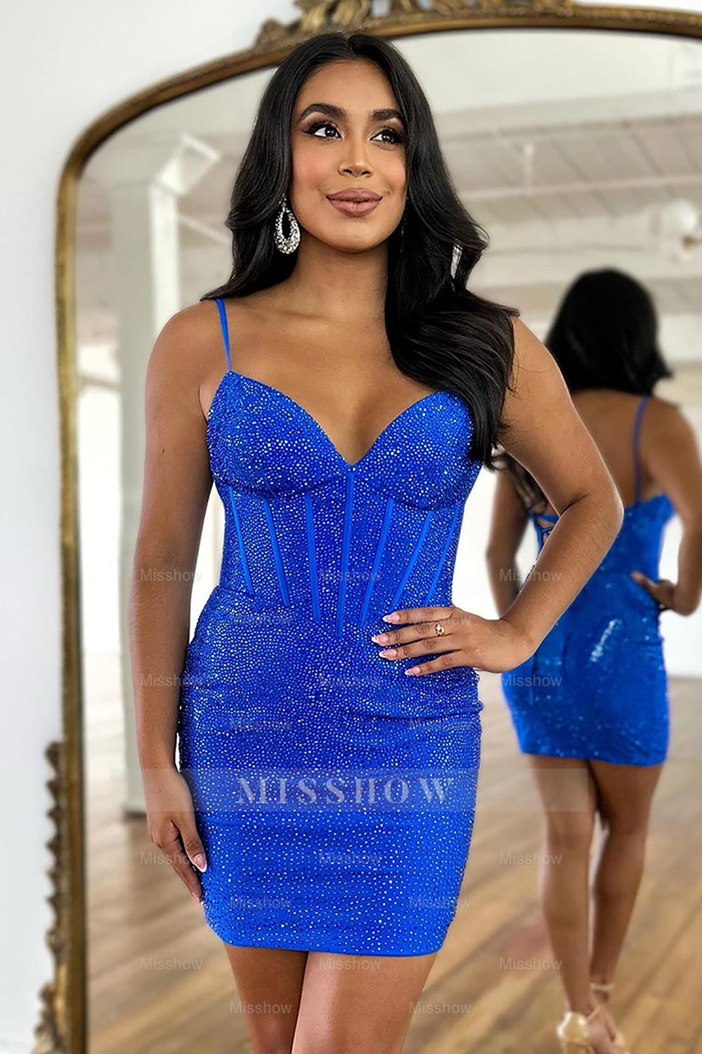 Misshow Sparkly Navy Spaghetti Straps Corset Tight Short Homecoming Dress/Mini Dress with Beadings
