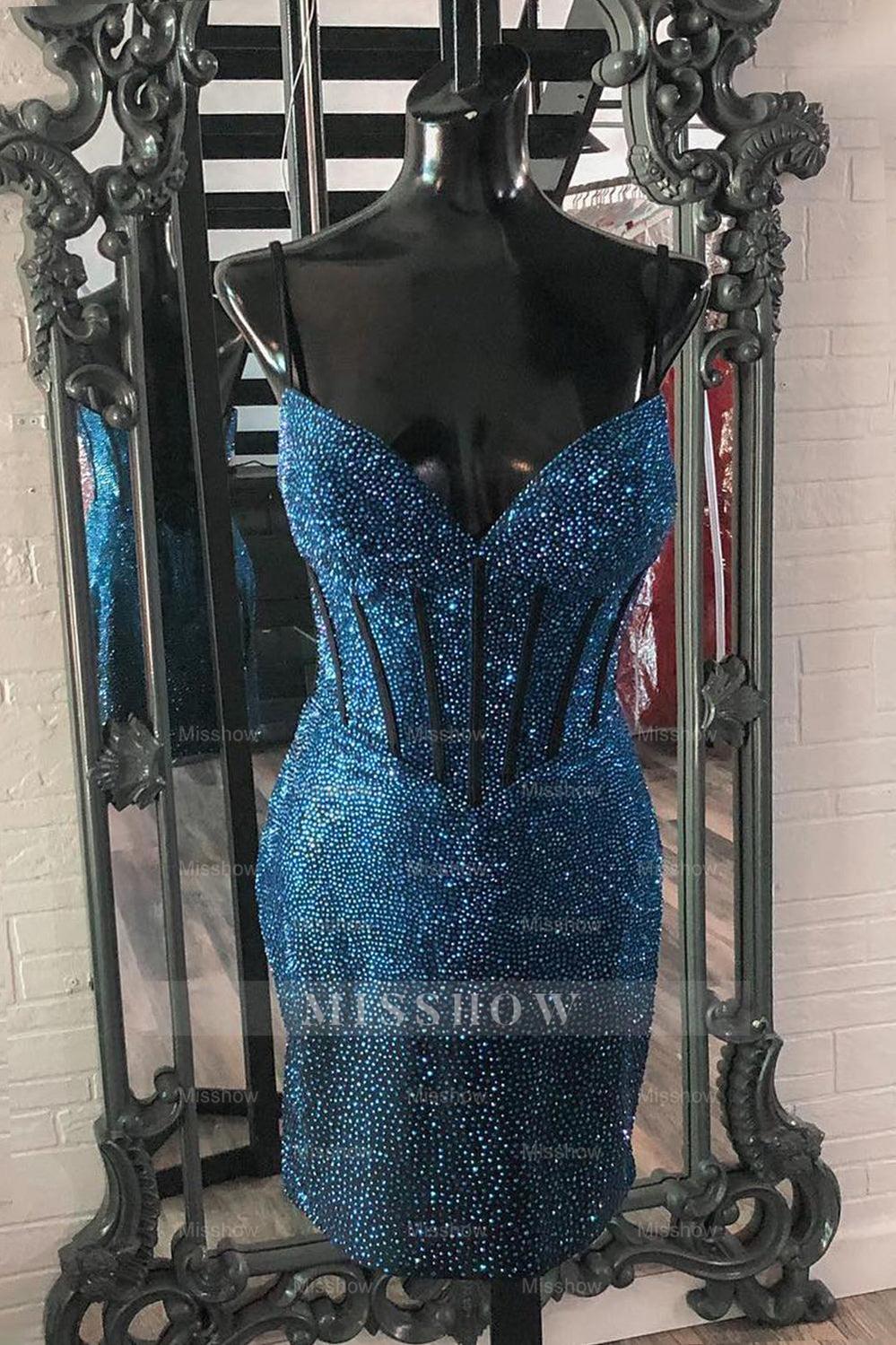 Misshow Sparkly Navy Spaghetti Straps Corset Tight Short Homecoming Dress/Mini Dress with Beadings