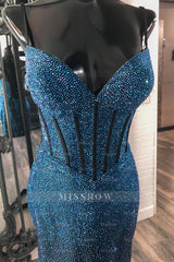 Misshow Sparkly Navy Spaghetti Straps Corset Tight Short Homecoming Dress/Mini Dress with Beadings