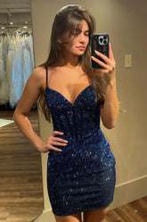 Misshow Sparkly Navy Spaghetti Straps Corset Tight Short Homecoming Dress/Mini Dress with Beadings