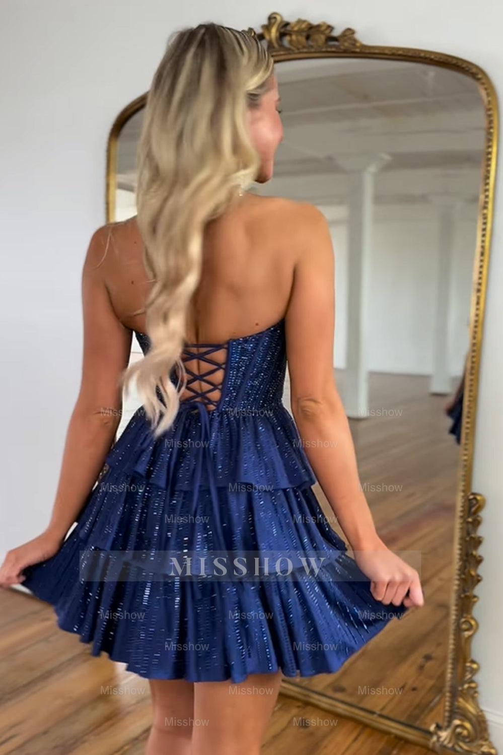 Misshow Sparkly Navy Sweetheart Corset Short Homecoming Dress/Mini Dress With Ruffles