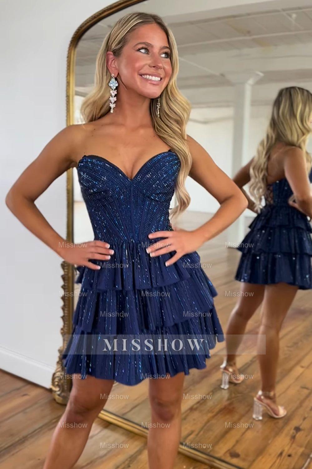 Misshow Sparkly Navy Sweetheart Corset Short Homecoming Dress/Mini Dress With Ruffles