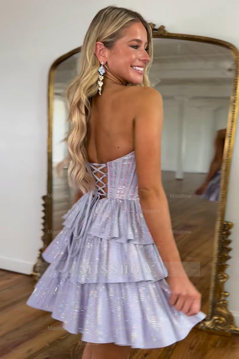 Misshow Sparkly Navy Sweetheart Corset Short Homecoming Dress/Mini Dress With Ruffles