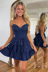 Misshow Sparkly Navy Sweetheart Corset Short Homecoming Dress/Mini Dress With Ruffles