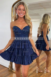 Misshow Sparkly Navy Sweetheart Corset Short Homecoming Dress/Mini Dress With Ruffles