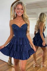Misshow Sparkly Navy Sweetheart Corset Short Homecoming Dress/Mini Dress With Ruffles