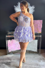 Misshow Sparkly One Shoulder Light Blue Corset Tiered Short Homecoming Dress/Mini Dress