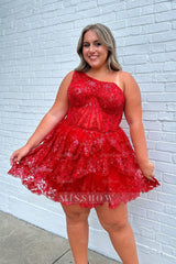 Misshow Sparkly One Shoulder Light Blue Corset Tiered Short Homecoming Dress/Mini Dress