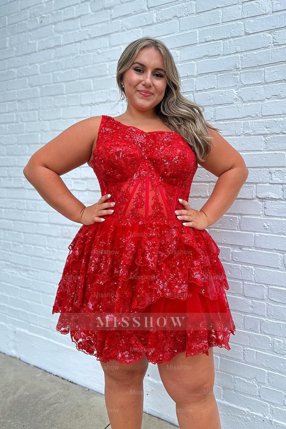 Misshow Sparkly One Shoulder Light Blue Corset Tiered Short Homecoming Dress/Mini Dress