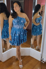 Misshow Sparkly One Shoulder Light Blue Corset Tiered Short Homecoming Dress/Mini Dress