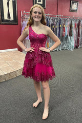 Misshow Sparkly One Shoulder Light Blue Corset Tiered Short Homecoming Dress/Mini Dress