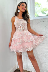 Misshow Sparkly One Shoulder Light Blue Corset Tiered Short Homecoming Dress/Mini Dress