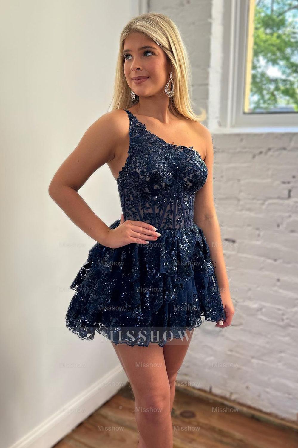 Misshow Sparkly One Shoulder Light Blue Corset Tiered Short Homecoming Dress/Mini Dress