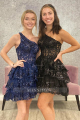 Misshow Sparkly One Shoulder Light Blue Corset Tiered Short Homecoming Dress/Mini Dress