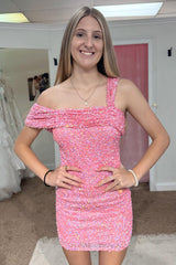 Misshow Sparkly One Shoulder Pink Sequins Tight Short Homecoming Dress/Mini Dress