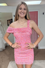 Misshow Sparkly One Shoulder Pink Sequins Tight Short Homecoming Dress/Mini Dress