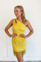Misshow Sparkly One Shoulder Yellow Sequins Tight Short Homecoming Dress/Mini Dress With Fringes
