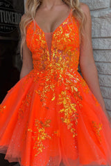 Misshow Sparkly Orange A-Line Spaghetti Straps Short Homecoming Dress/Mini Dress with Sequins