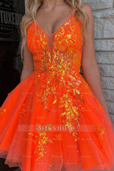 Misshow Sparkly Orange A-Line Spaghetti Straps Short Homecoming Dress/Mini Dress with Sequins
