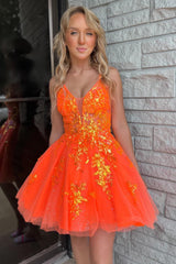 Misshow Sparkly Orange A-Line Spaghetti Straps Short Homecoming Dress/Mini Dress with Sequins