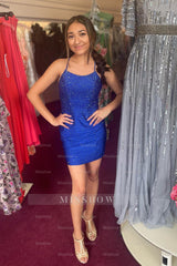 Misshow Sparkly Orange Beaded Backless Tight Short Homecoming Dress/Mini Dress