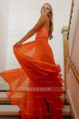 Misshow Sparkly Orange Chiffon Sequins Spaghetti Straps Short Homecoming Dress/Mini Dress