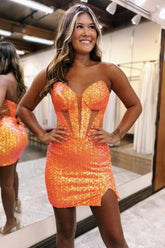 Misshow Sparkly Orange Corset Sweetheart Tight Short Homecoming Dress/Mini Dress with Slit