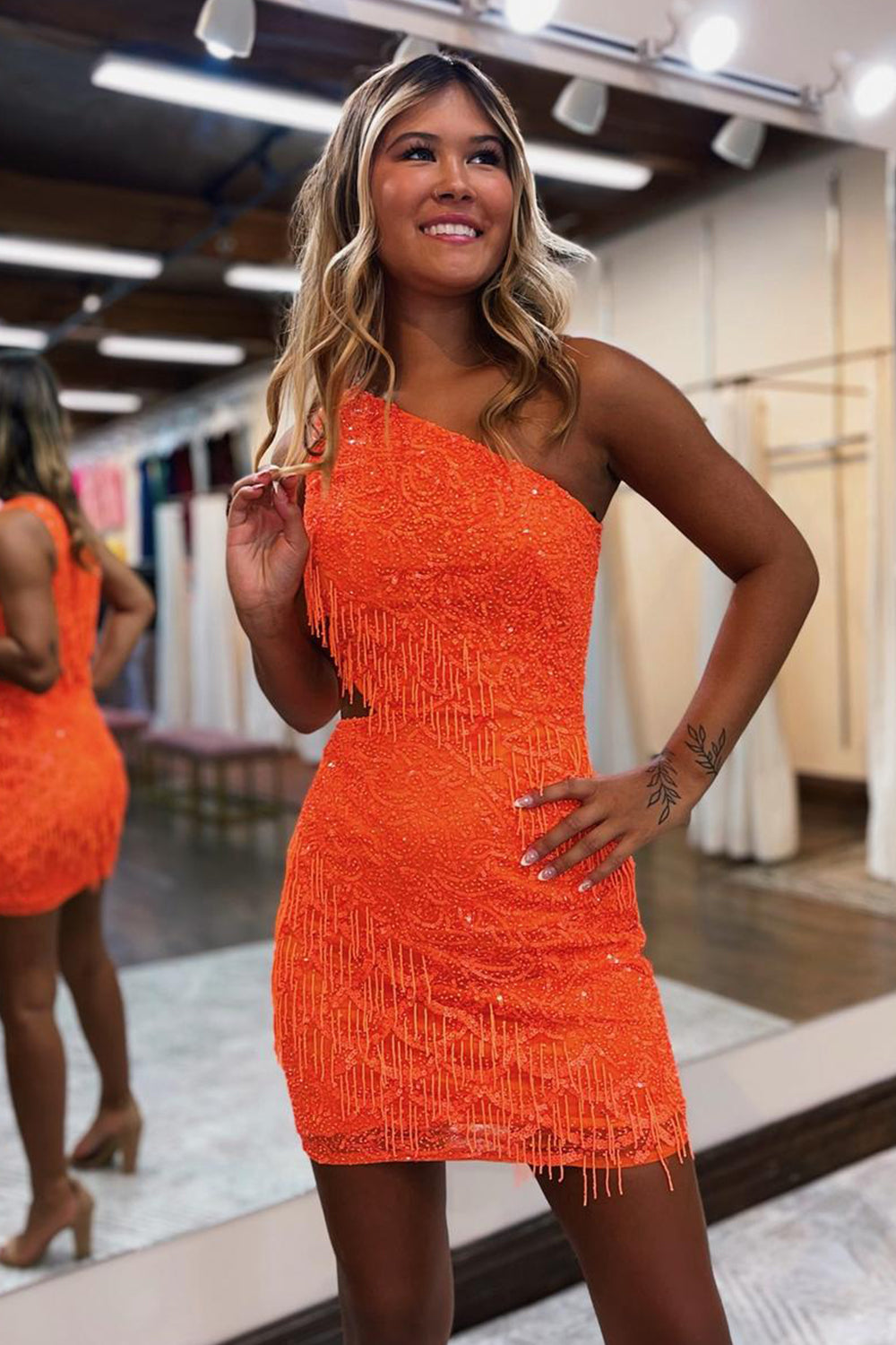 Misshow Sparkly Orange One Shoulder Sequins Cut Out Short Homecoming Dress/Mini Dress with Fringes