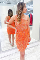 Misshow Sparkly Orange One Shoulder Sequins Tight Homecoming Dress/Mini Dress with Feathers