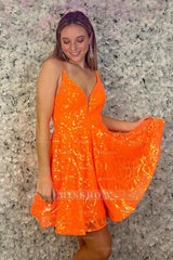 Misshow Sparkly Orange Sequined A Line Short Homecoming Dress/Mini Dress
