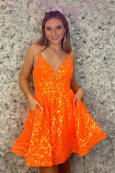 Misshow Sparkly Orange Sequined A Line Short Homecoming Dress/Mini Dress