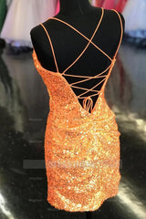 Misshow Sparkly Orange Sequined Tight Short Homecoming Dress/Mini Dress