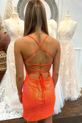 Misshow Sparkly Orange Sequined Tight Short Homecoming Dress/Mini Dress with Slit