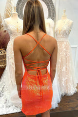 Misshow Sparkly Orange Sequined Tight Short Homecoming Dress/Mini Dress with Slit
