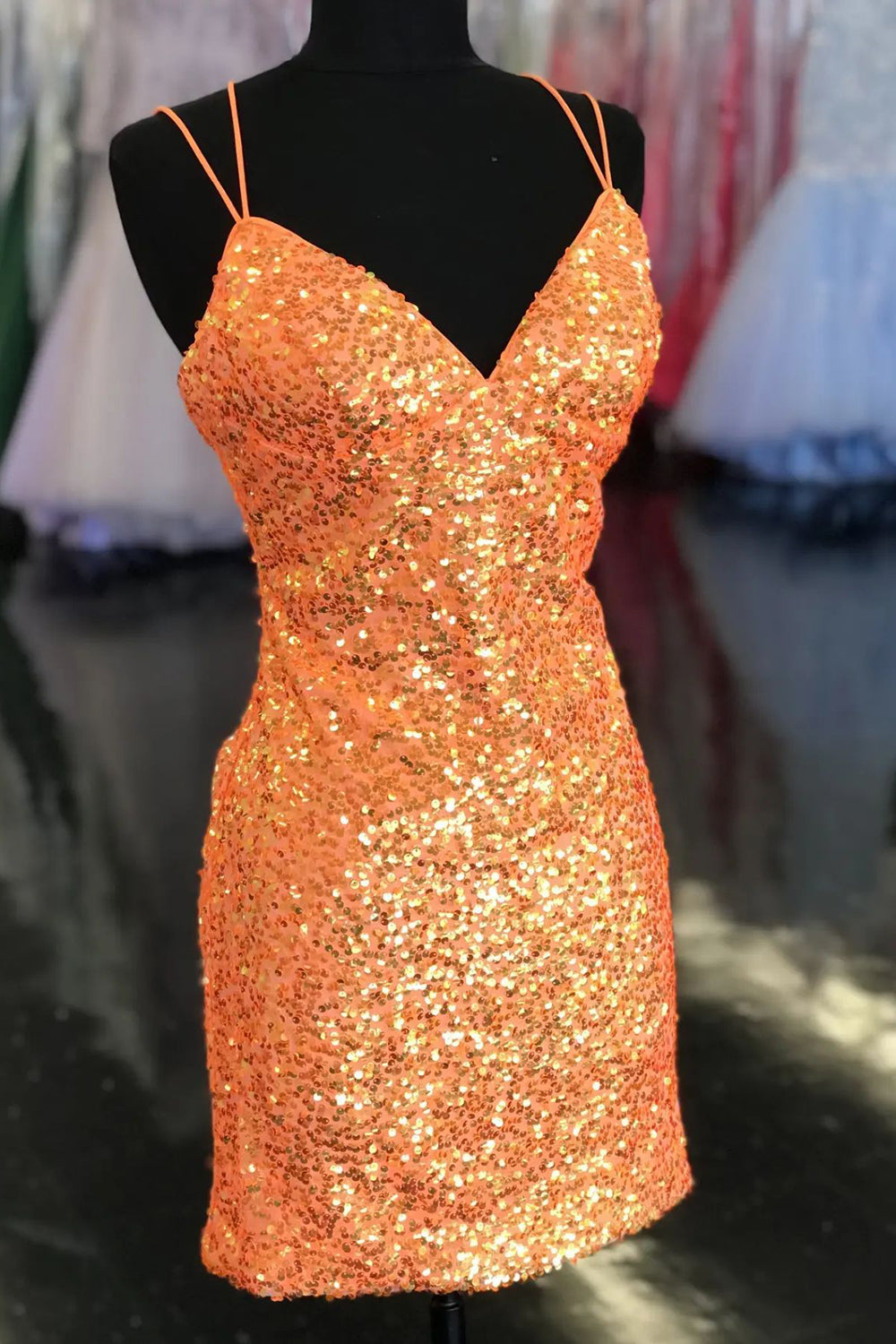 Misshow Sparkly Orange Sequined Tight Short Homecoming Dress/Mini Dress