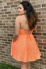 Misshow Sparkly Orange Sequins A-Line Short Homecoming Dress/Mini Dress with Pockets