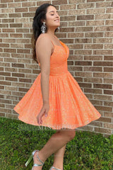 Misshow Sparkly Orange Sequins A-Line Short Homecoming Dress/Mini Dress with Pockets