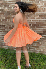 Misshow Sparkly Orange Sequins A-Line Short Homecoming Dress/Mini Dress with Pockets