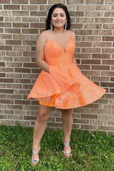 Misshow Sparkly Orange Sequins A-Line Short Homecoming Dress/Mini Dress with Pockets