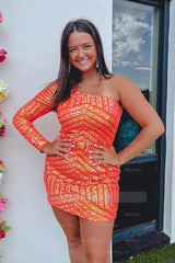 Misshow Sparkly Orange Sequins One Shoulder One Sleeve Tight Homecoming Dress/Mini Dress