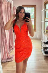 Misshow Sparkly Orange Sequins Tight Short Homecoming Dress/Mini Dress with Feathers