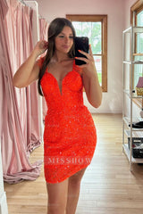 Misshow Sparkly Orange Sequins Tight Short Homecoming Dress/Mini Dress with Feathers