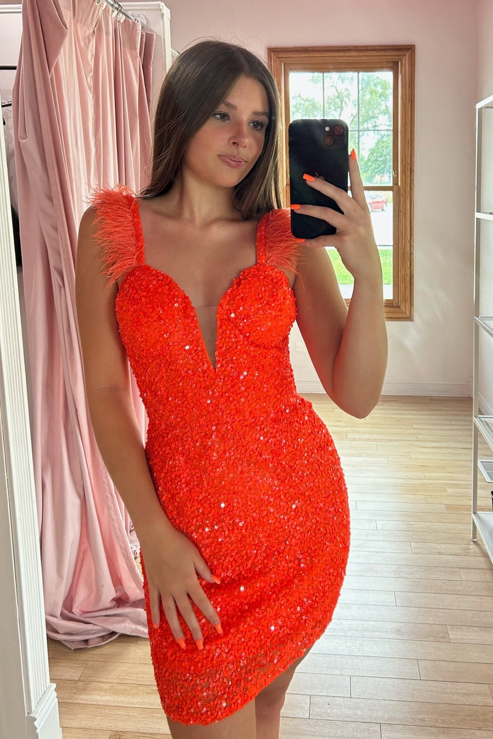 Misshow Sparkly Orange Sequins Tight Short Homecoming Dress/Mini Dress with Feathers