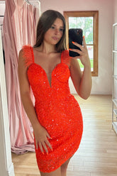 Misshow Sparkly Orange Sequins Tight Short Homecoming Dress/Mini Dress with Feathers