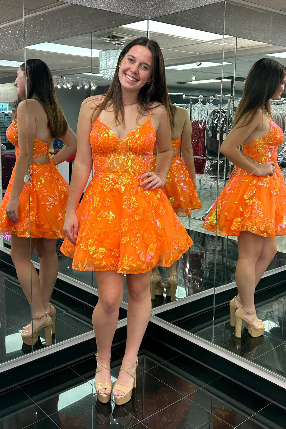 Misshow Sparkly Orange Spaghetti Straps A Line Short Homecoming Dress/Mini Dress With Sequins
